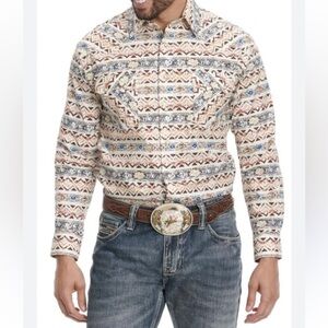 Panhandle Men's Rough Stock Cream/Sunset Aztec Print Western Shirt size Small.
